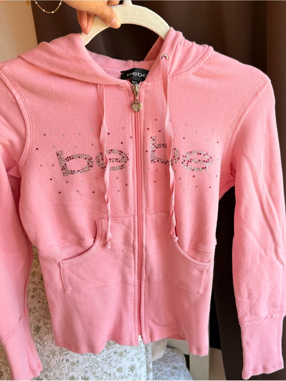 Y2k Bebe rare pink zip up hoodie with rhinestone logo